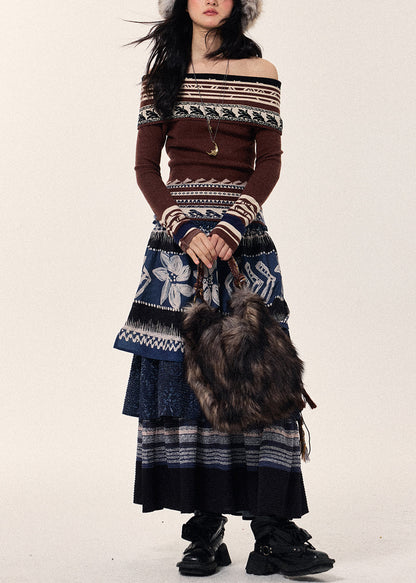 Style Navy Layered Patchwork Linen Skirt Spring