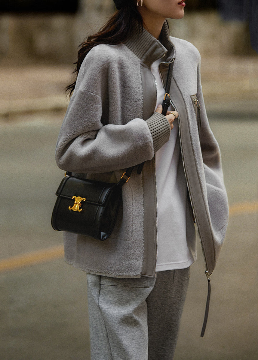 Stylish Grey Oversized Pu Patchwork Wool Coat Fall