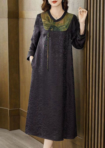 Black Patchwork Jacquard Silk Long Dress Fall