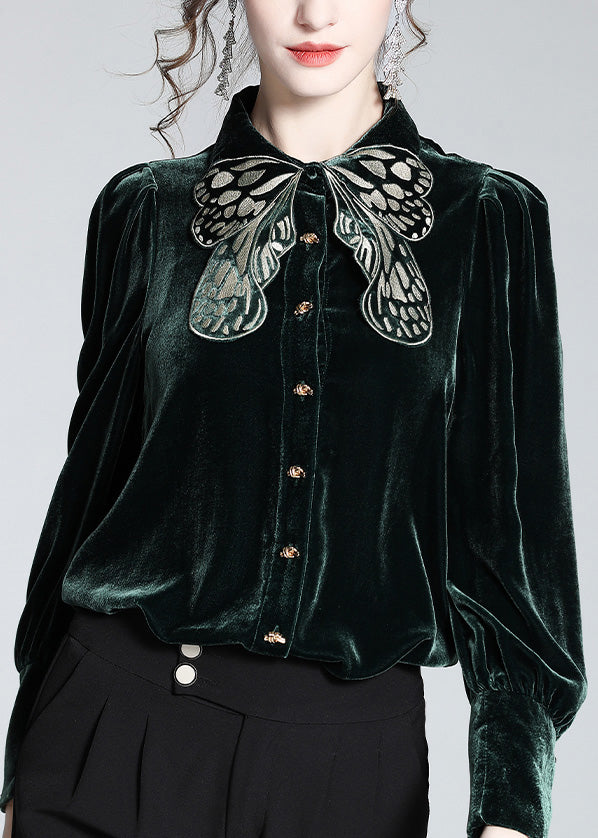 Diy Blackish Green Butterfly Peter Pan Collar Silk Velour Shirt Long Sleeve
