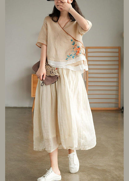 Style Yellow Embroideried Asymmetrical Design Ramie Summer Blouses