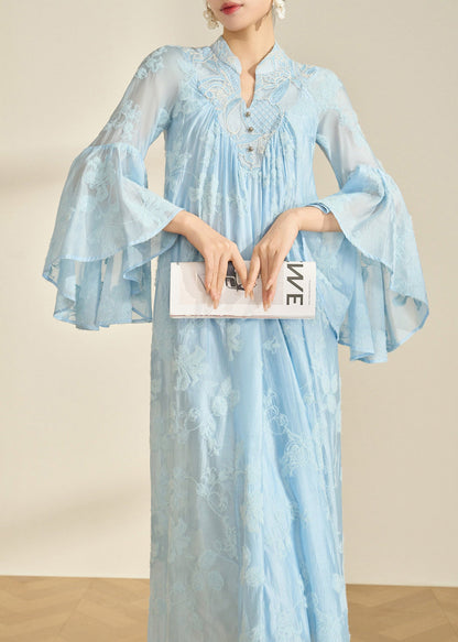 Blue Mandarin Collar Embroidered Cotton Party Dress Flare Sleeve