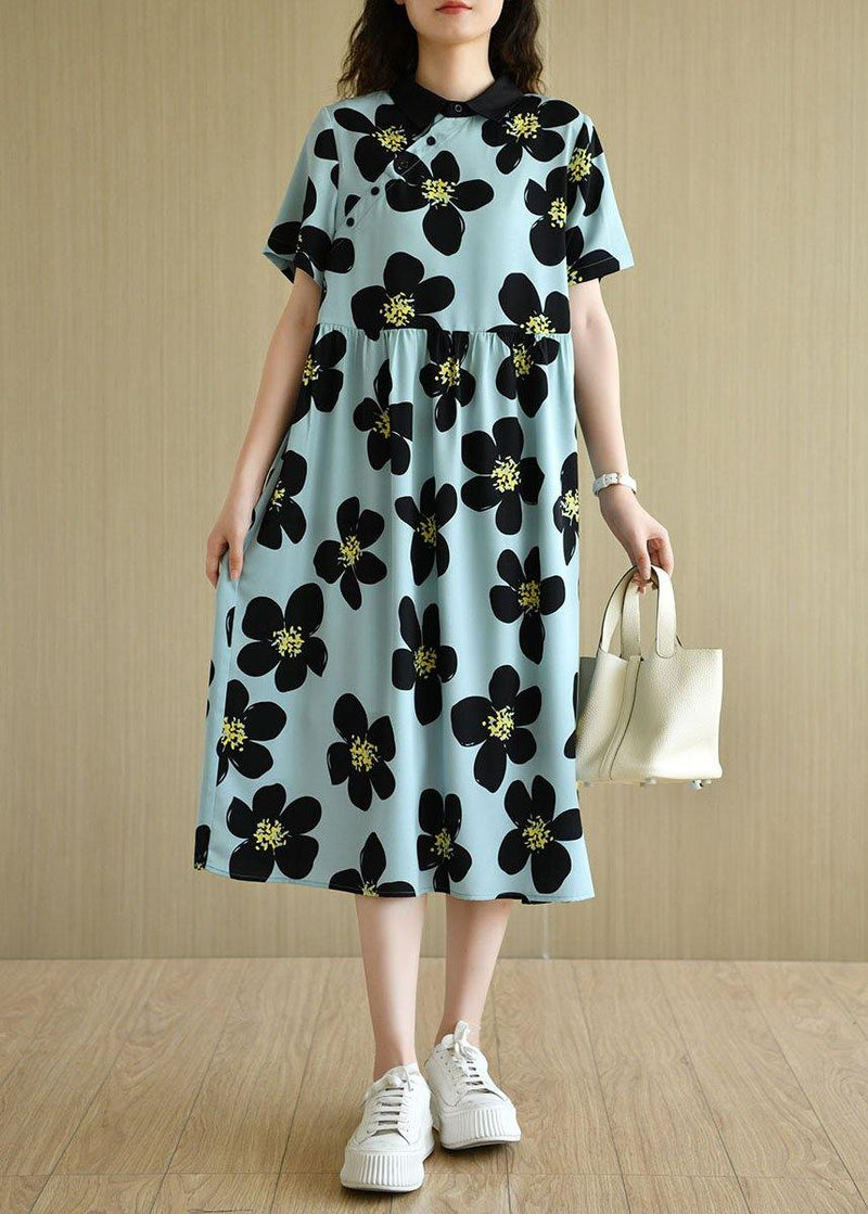 French Blue Peterpan Collar Button Summer Print Short Sleeve Dress