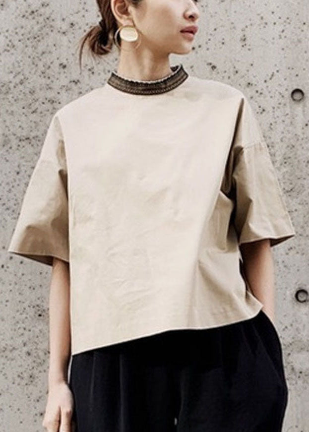 Khaki Stand Collar Oversized Patchwork Cotton Tank Short Sleeve