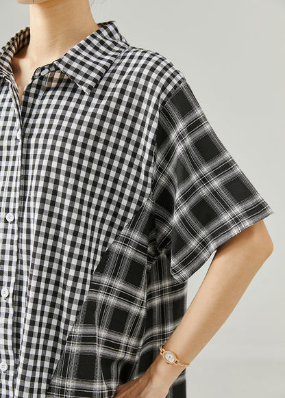 Grey Oversized Patchwork Plaid Linen Robe Dresses Summer
