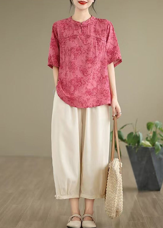 Rose Print Cotton Blouse Top Half Sleeve