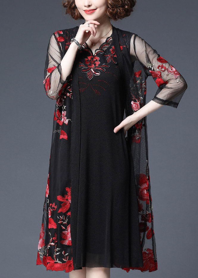 Red Embroideried Tulle Cardigans and Tank Dress Two Piece Set Summer