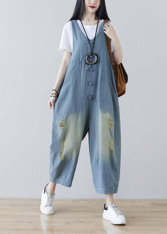 Light Blue Oriental Button Ripped Cotton Denim Jumpsuit Spring