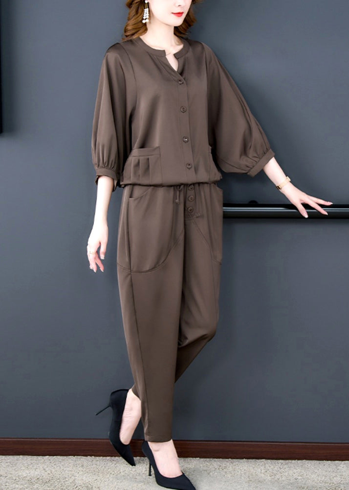 Coffee Patchwork Pockets Top and Harem Pants Two Pieces Set Bracelet Sleeve