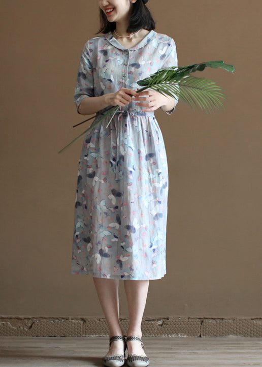 Grey Blue Peter Pan Collar Tie Waist Print Linen Vacation Dresses Half Sleeve