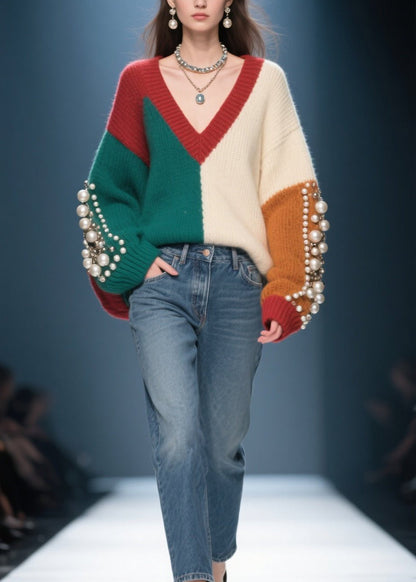 Colorblock V Neck Nail Bead Patchwork Knit Sweater Fall
