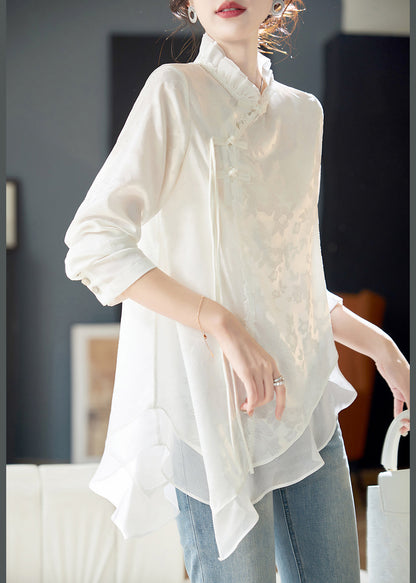 White Ruffled Chinese Button Chiffon Shirt Long Sleeve
