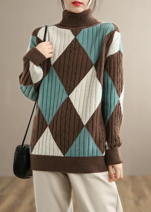 Chocolate Green Plaid Sweaters High Neck Clothes