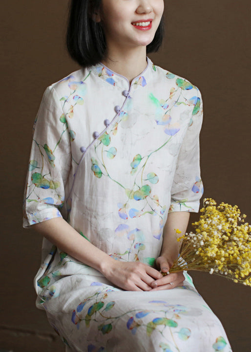Diy Beige Stand Collar Print Button Linen Cheongsam Dress Half Sleeve