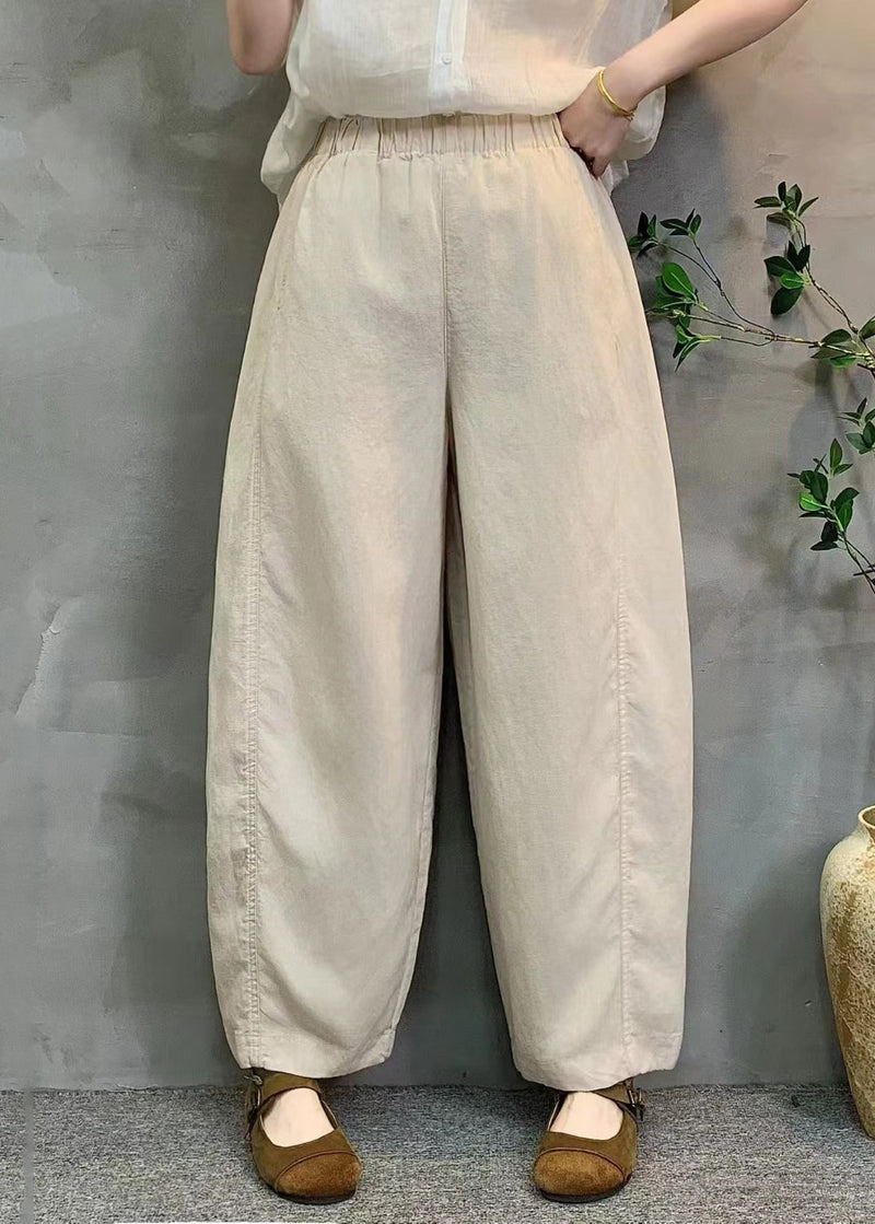 White Oversized Elastic Waist Linen Pants Summer