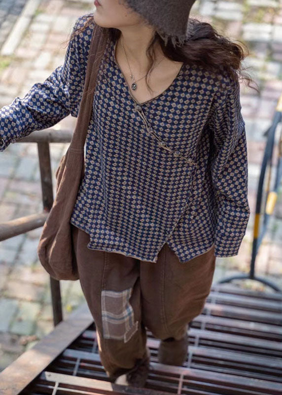 Blue Plaid V Neck Button Drawstring Fall Shirt Tops