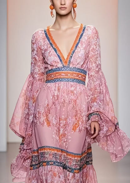 Pink V Neck Print Chiffon Holiday Dress Spring