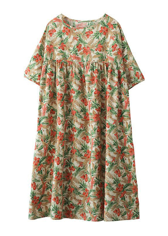 Khaki Oversized Print Cotton a Line Dresses Short Sleeve