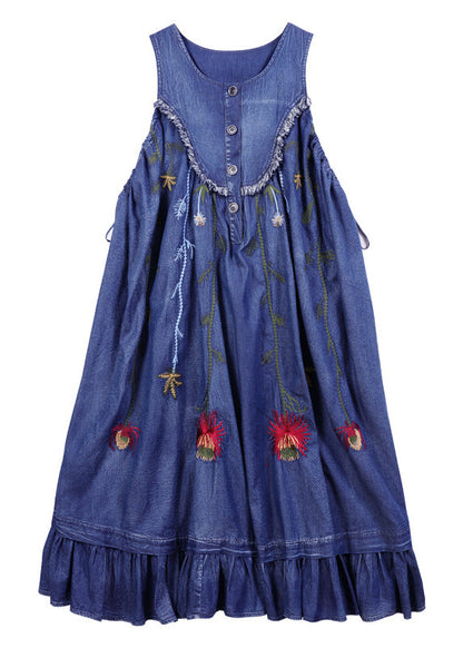 Blue O-neck Ruffled Embroideried Patchwork Cotton Denim Dress Sleeveless
