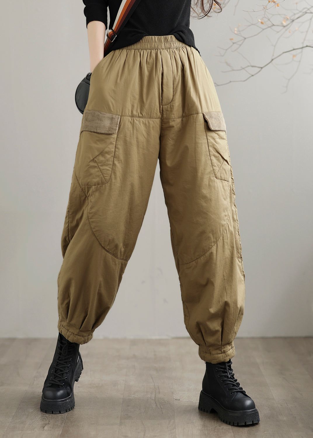 Khaki Pockets Patchwork Fine Cotton Filled Pants Winter
