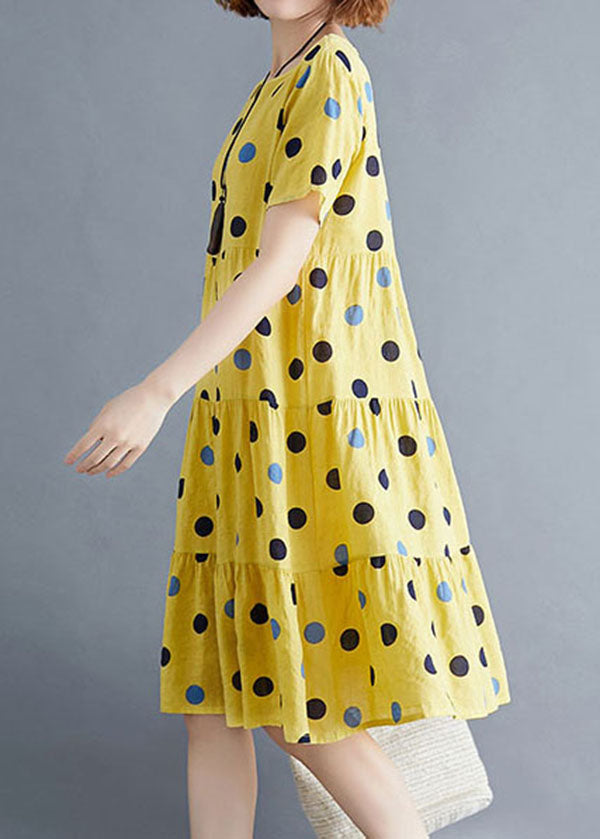 Yellow O-neck Dot Print Cotton Party Dress Short Sleeve