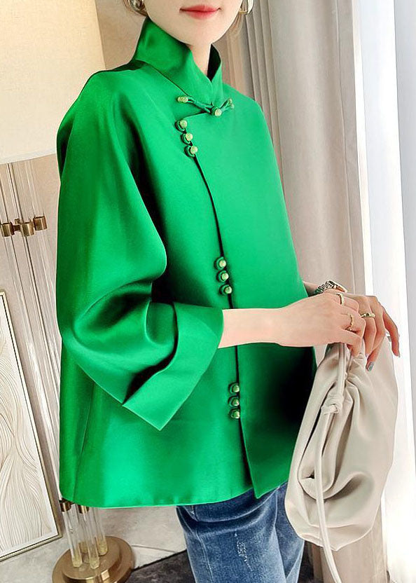Chinese Style Green Button Stand Collar Silk Top Long Sleeve