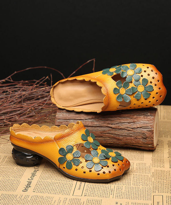 Hollow Out Yellow Cowhide Leather Slide Sandals