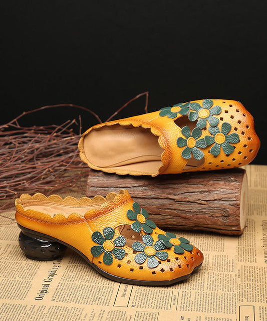 Hollow Out Yellow Cowhide Leather Slide Sandals