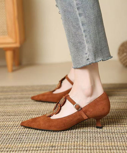 Brown Pointed Toe Suede Splicing High Heels