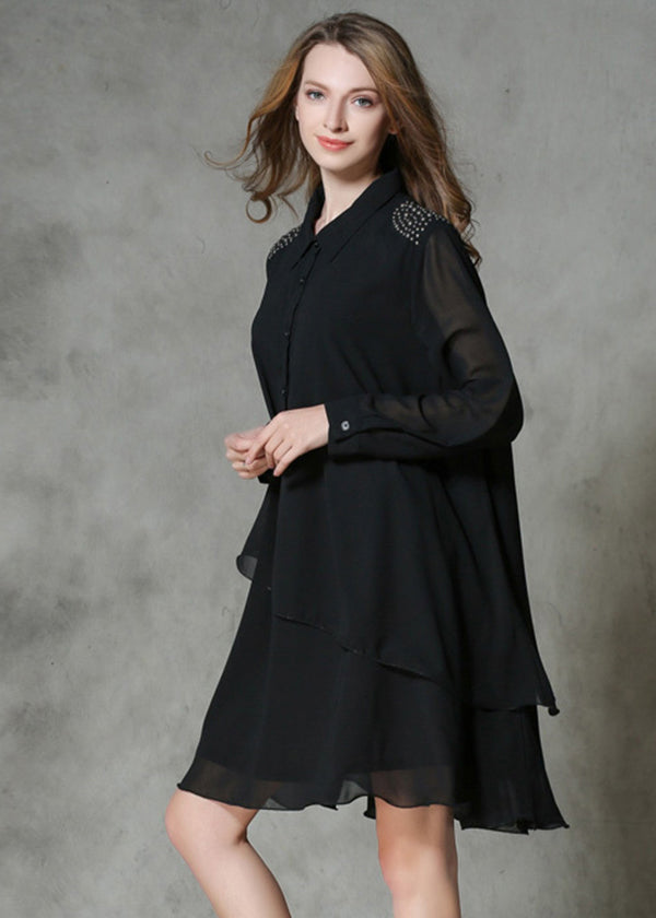 Diy Black Asymmetrical Design Rivet Chiffon a Line Dresses Spring