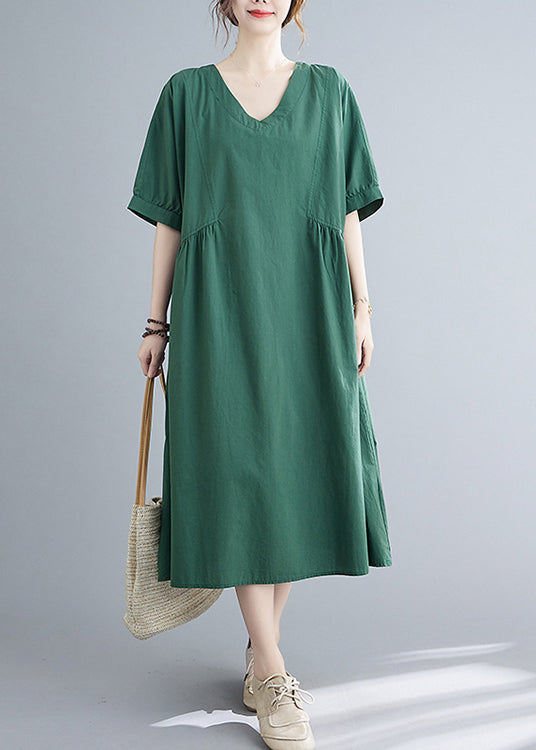 Green V Neck Cinched Pocket Dress Short Sleeve