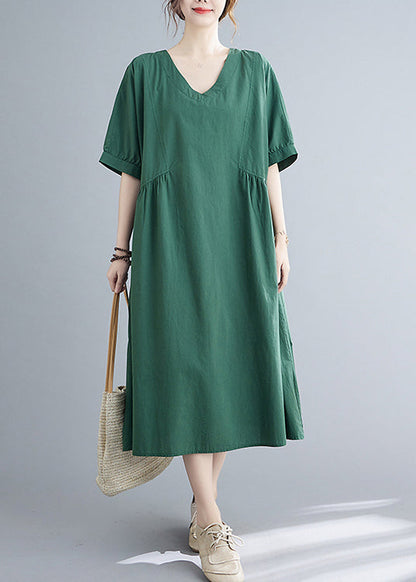Green V Neck Cinched Pocket Dress Short Sleeve