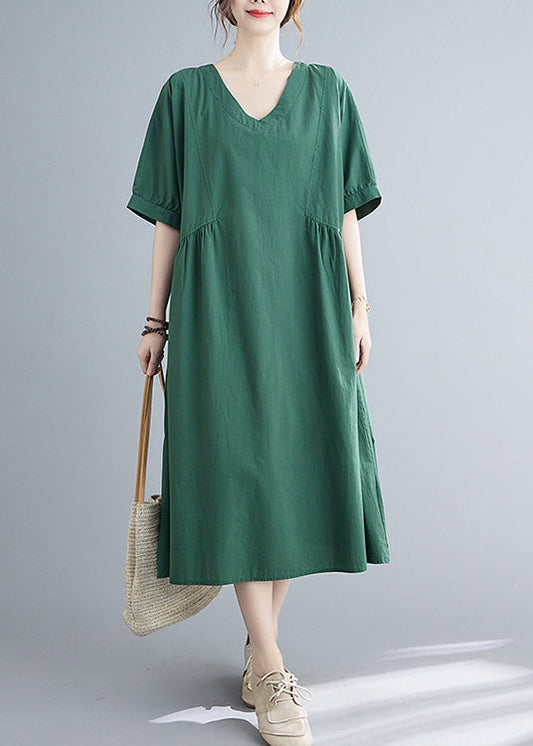 Green V Neck Cinched Pocket Dress Short Sleeve