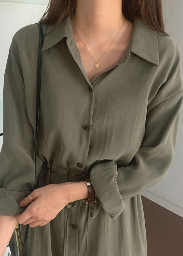 Loose Army Green Side Open Cinched Cotton Maxi Dresses Spring