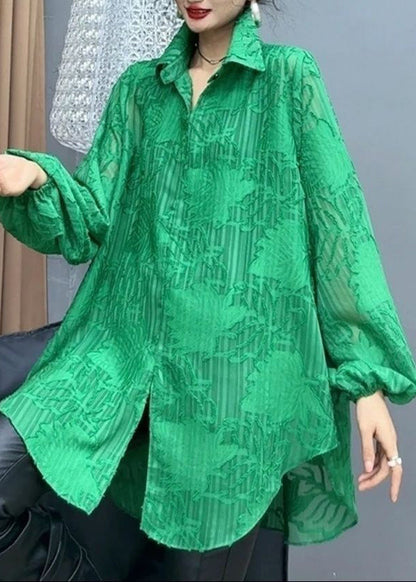Versatile Green Peter Pan Collar Cotton Shirts Spring