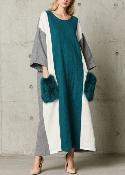 Colorblock O Neck Fuzzy Fur Patchwork Cotton Dress Fall
