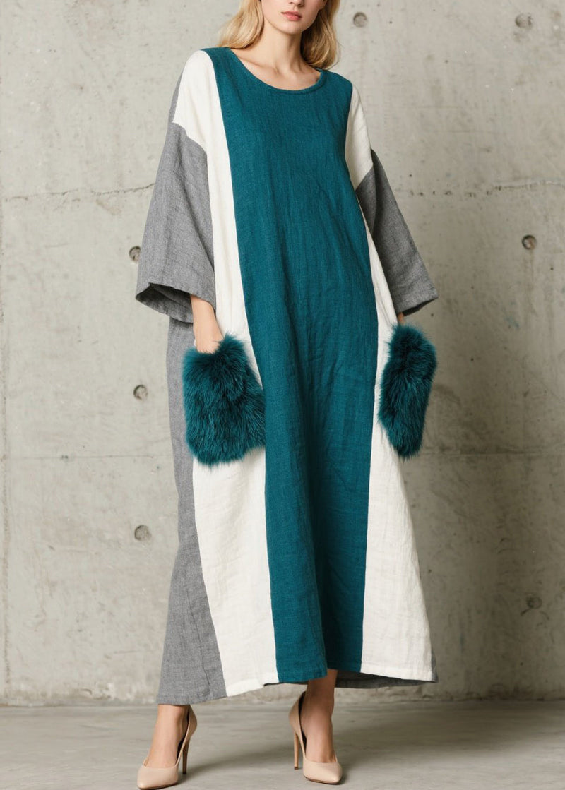 Colorblock O Neck Fuzzy Fur Patchwork Cotton Dress Fall
