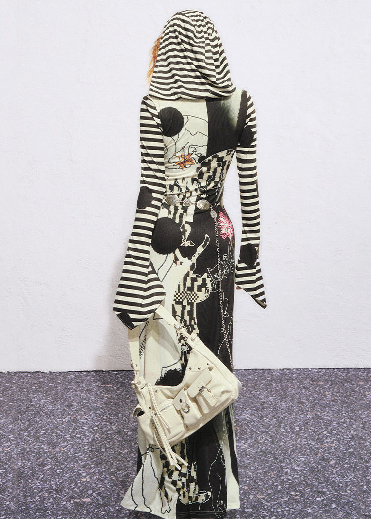 Original Design Hooded Print Cotton Dress Flare Sleeve