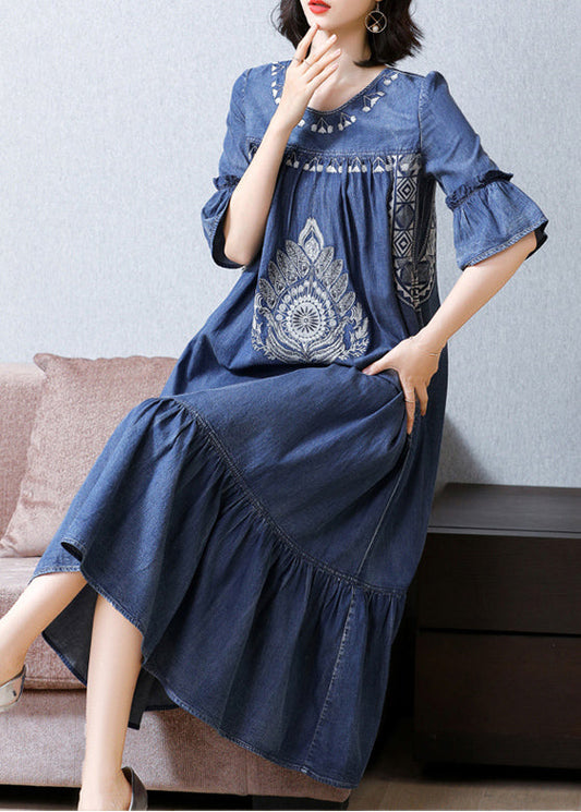 Blue O-neck Embroideried Ruffles Cotton Denim Dress Flare Sleeve