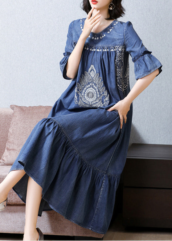 Blue O-neck Embroideried Ruffles Cotton Denim Dress Flare Sleeve