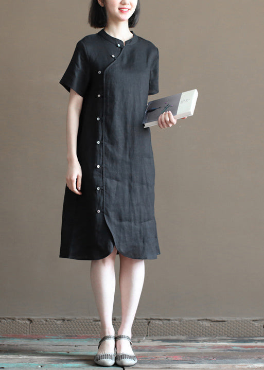 Black Mandarin Collar Button Linen a Line Dresses Short Sleeve