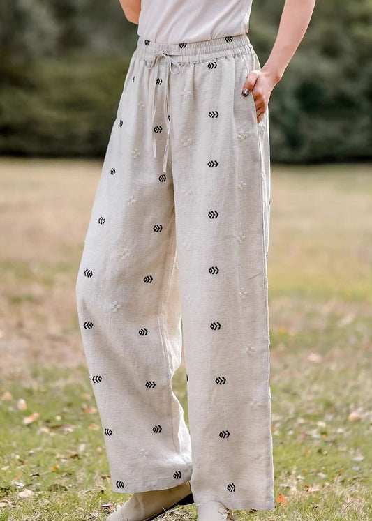 Embroidered Pockets Elastic Waist Linen Pants Summer