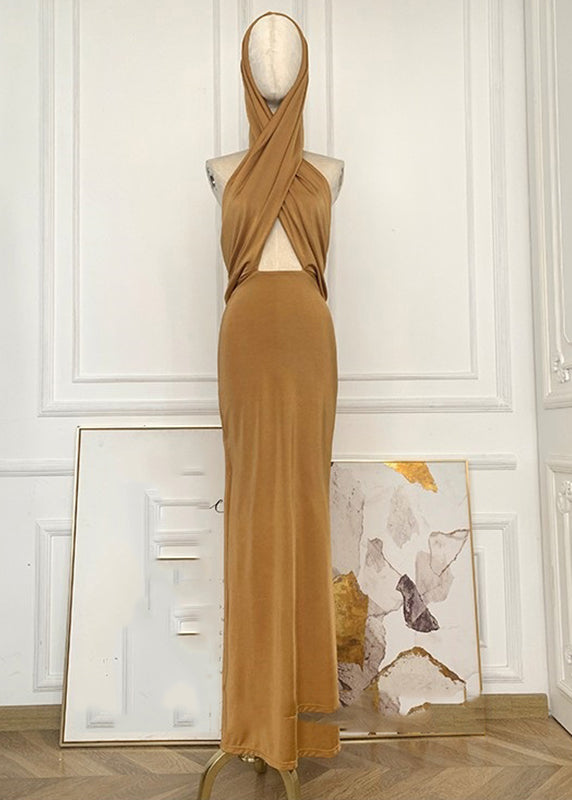 Organic Yellow Wrinkled Hollow Out Backless Hoode Long Dress Sleeveless Summer