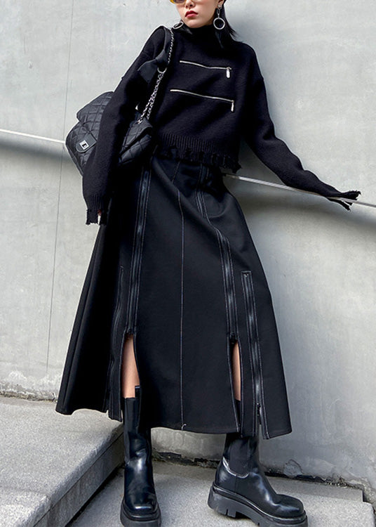 Black Elastic Waist Zippered a Line Skirt Spring