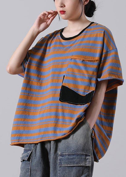 Stylish Red Striped O-neck Cotton Summer Tops