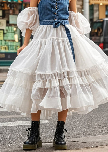 Cold Shoulder Patchwork Denim Tulle Maxi Dresses Puff Sleeve