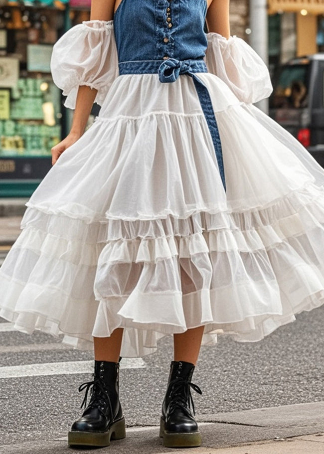 Cold Shoulder Patchwork Denim Tulle Maxi Dresses Puff Sleeve