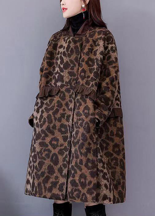 Leopard Ruffled Pockets Thick Woolen Coats Long Sleeve