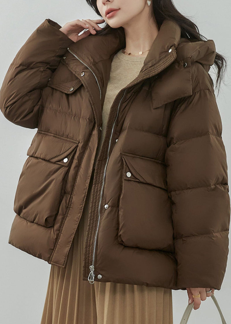 Coffee Zippered Pockets Patchwork Duck Down Coat Winter