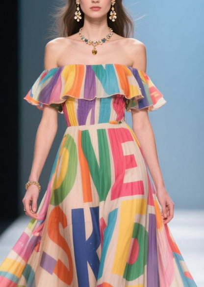 Apricot Cold Shoulder Print Silk Vacation Dress Summer
